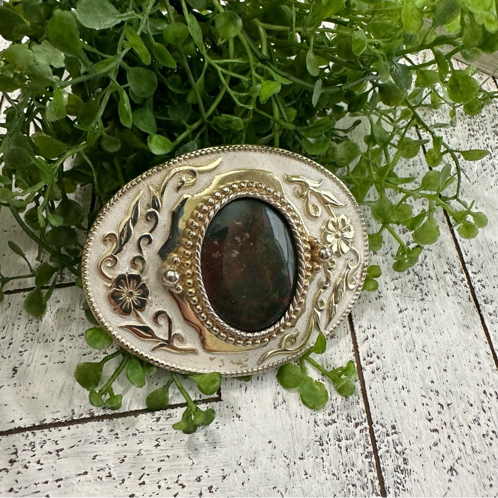 Resin Gemstone Western Belt Buckle Gold White Oval Dark Brown Green Black